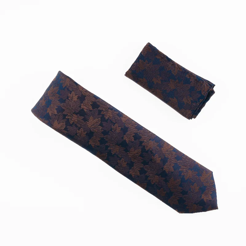 Men's tie with modern prints for professional attire-Navy & Brown Leaf Designed Necktie Tie with Matching Pocket Square