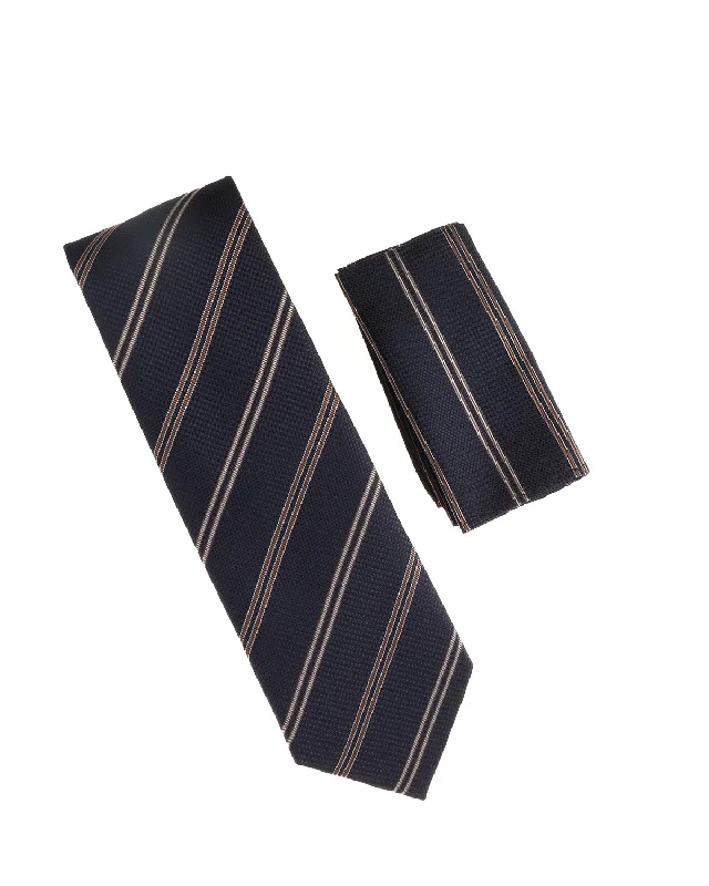 Stylish men's tie with unique color contrasts for formal wear-Navy with Brown & Silver Stripe Designed Tie with Matching Pocket Square WTH-991