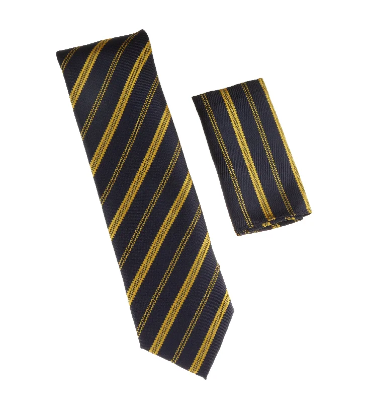 Trendy men's tie with diagonal stripes-Navy with Light Gold Striped Designed Necktie Tie with Matching Pocket Square