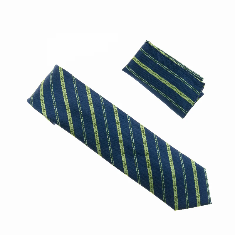 Stylish men's tie with classic pinstripes-Navy with Lime Green Striped Designed Necktie Tie with Matching Pocket Square