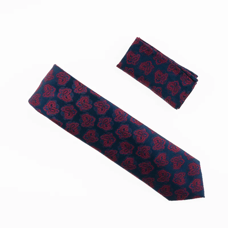 Men's tie with subtle patterns for corporate events-Navy with Red & Blue Paisley Designed Necktie Tie with Matching Pocket Square