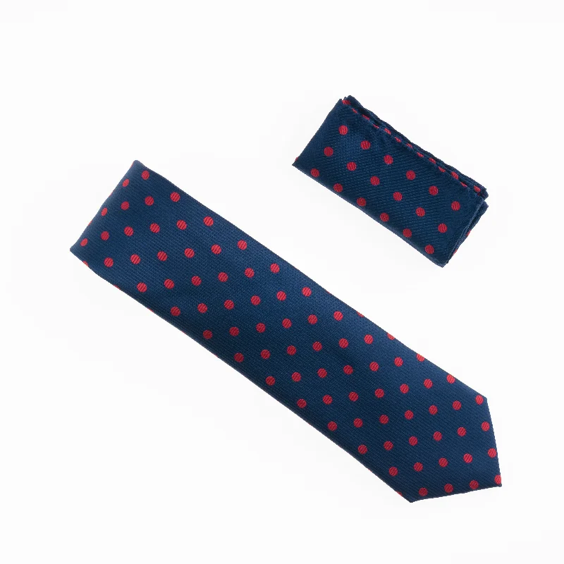 Men's silk tie for upscale corporate events-Navy with Red Polka Dot Designed Necktie Tie with Matching Pocket Square