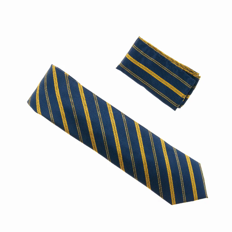 Elegant men's tie with floral print for formal wear-Navy with Dark Gold Striped Designed Necktie Tie with Matching Pocket Square