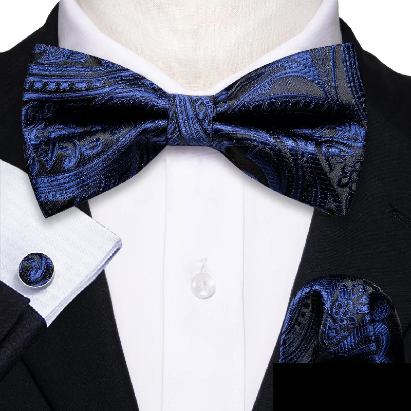 Stylish men's tie for professional gatherings-Barry Wang Black Blue Paisley Pre-tied Men Bow Tie Hanky Cufflinks Set