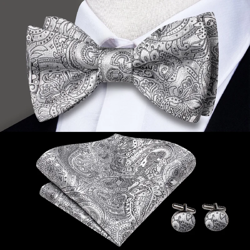 Men's tie with stylish polka dots for casual wear-New Grey Paisley Pre-tied Bow Tie Pocket Square Cufflinks Set