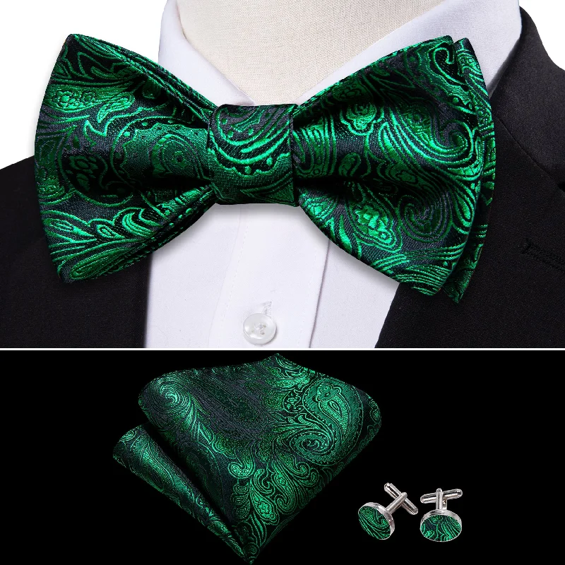 Men's tie with a refined finish for elegant gatherings-Olive Green Paisley Silk Bow Tie Hanky Cufflinks Set