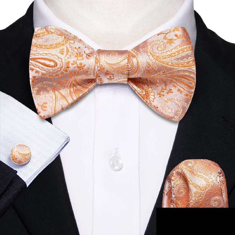 Classic men's tie with rich tones for formal gatherings-Orange Paisley Self Tie Bow Tie Hanky Cufflinks Set