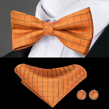 Men's tie with bold contrast colors for weddings-Orange Plaid Pre-tied Bow Tie Pocket Square Cufflinks Set