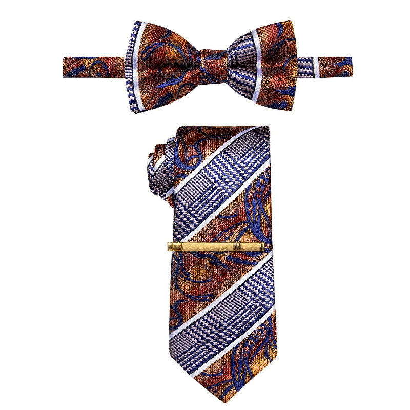 Men's tie for elegant outdoor events with floral patterns-YourTies Orange Red Blue Splicing Novelty Pre-tied Bowtie and Necktie with Golden Tie Clip Set