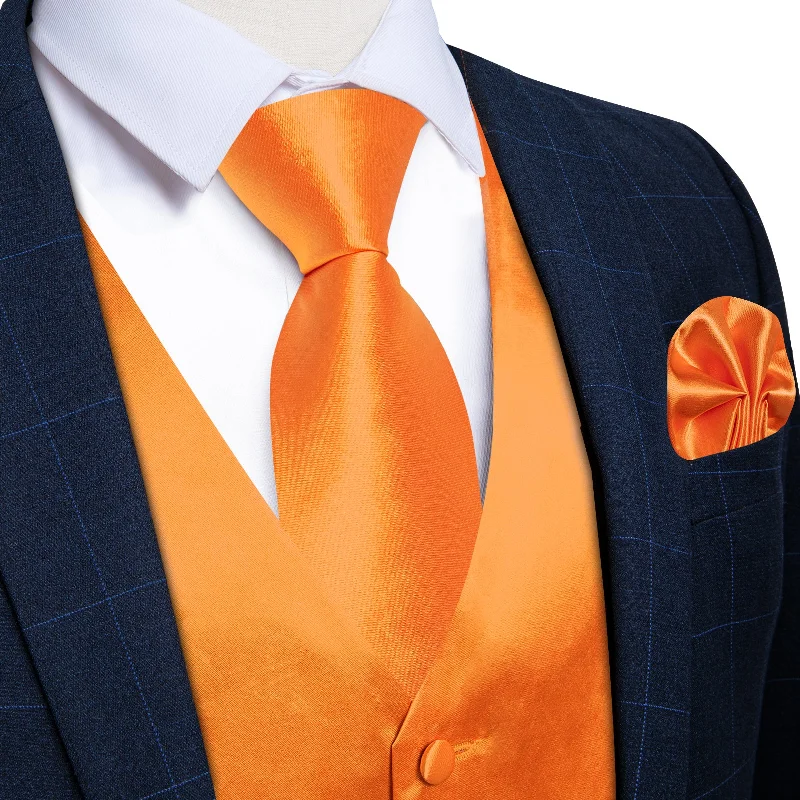 Best men's tie with deep tones for formal events-Orange Solid Satin Waistcoat Vest Tie Handkerchief Cufflinks Set