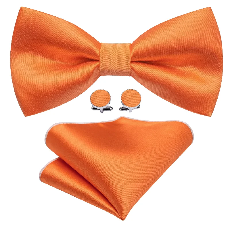 Classic men's tie with subtle color palette-Orange Solid Silk Pre Tied Bow Tie Hanky Cufflinks Set