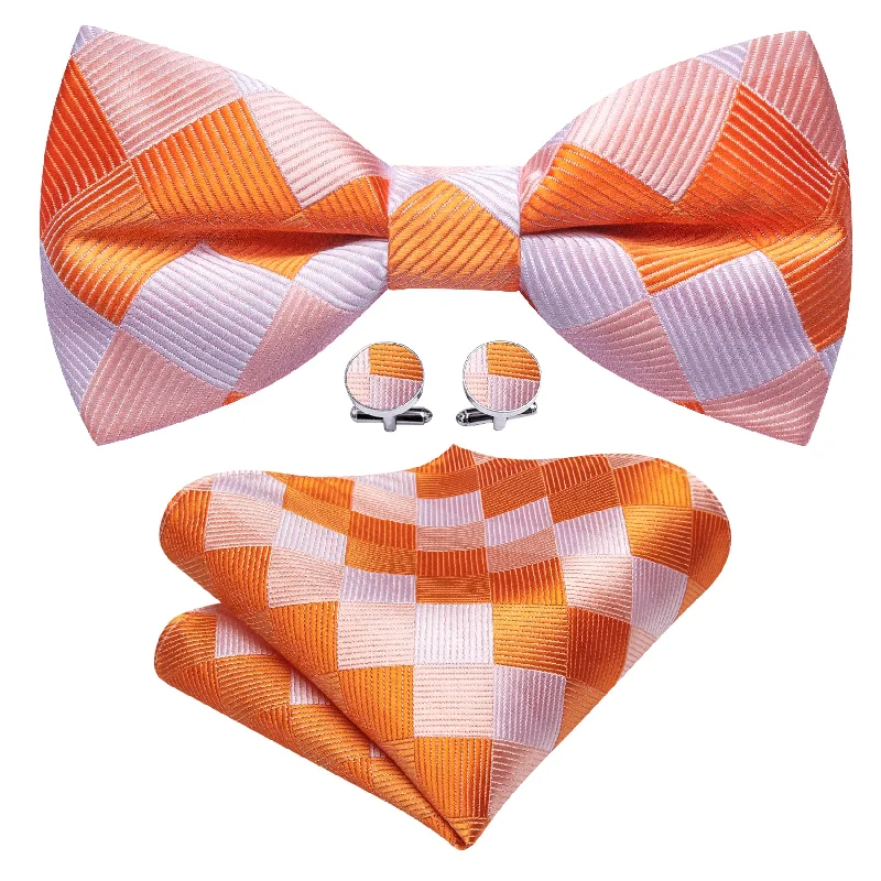 Stylish men's tie with fine woven design for work-Orange White Plaid Silk Pre Tied Bow Tie Hanky Cufflinks Set