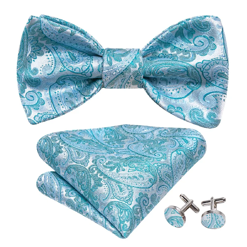 Classic men's tie for sophisticated office look-Pale Blue Paisley Bow Tie Hanky Cufflinks Set