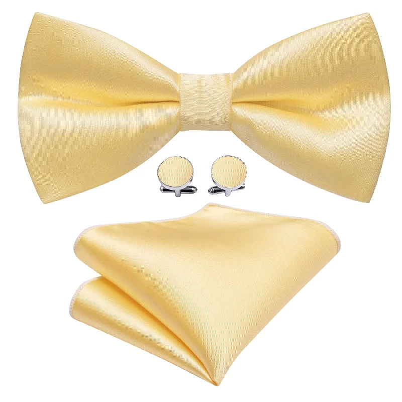 Men's tie with smooth texture for luxury events-Pale Yellow Solid Silk Pre Tied Bow Tie Hanky Cufflinks Set