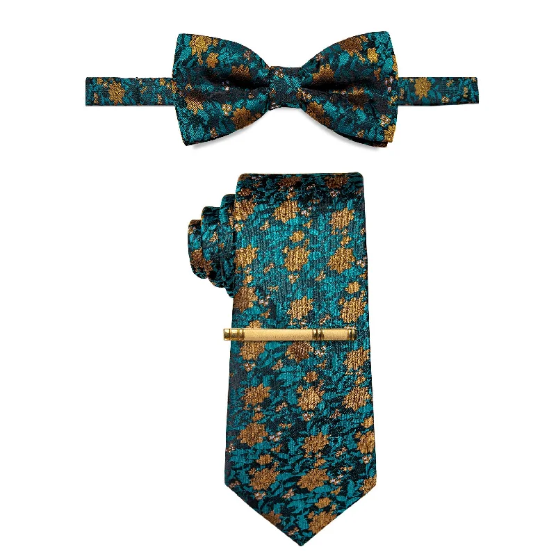 Men's tie with vibrant hues for holiday parties-YourTies Peacock Blue Golden Floral Pre-tied Bowtie and Necktie with Golden Tie Clip Set