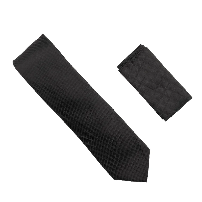 Elegant men's tie with intricate woven design-Pin Dot Solid Black Silk Tie Set With Matching Pocket Square