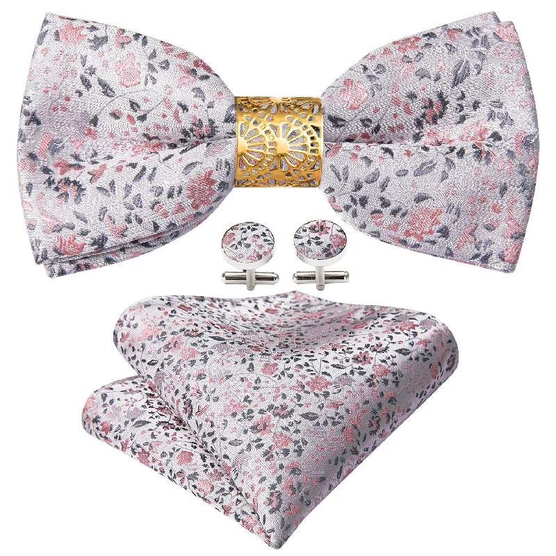 Men's tie with intricate design for upscale dinners-Pink Dot Pre-tied Bow Tie Hanky Cufflinks Set