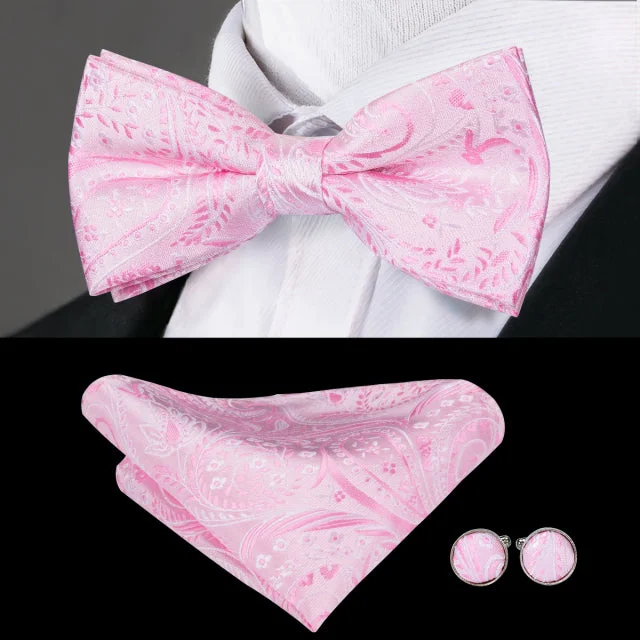 Men's tie for a smart casual look with sleek pattern-Pink Floral Pre-tied Bow Tie Pocket Square Cufflinks Set