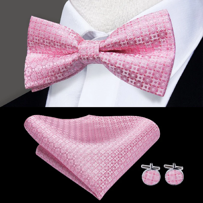 Elegant men's tie with fine texture for business wear-Pink Novelty Pre-tied Bow Tie Pocket Square Cufflinks Set