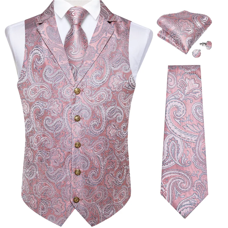 Best men's tie for business luncheons-Pink Paisley Jacquard V Neck Waistcoat Vest Tie Handkerchief Cufflinks Set