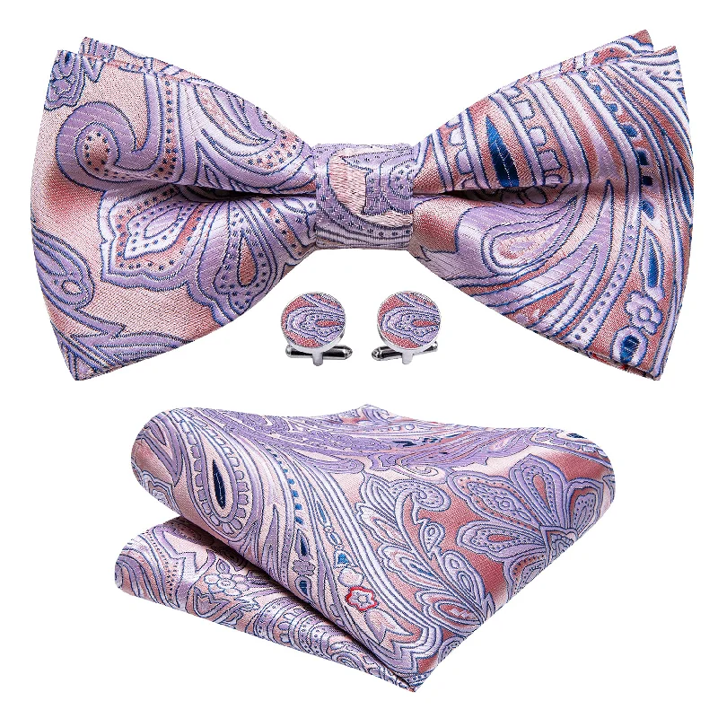 Men's tie with colorful checks for formal events-Pink Paisley Pre-tied Bow Tie Hanky Cufflinks Set