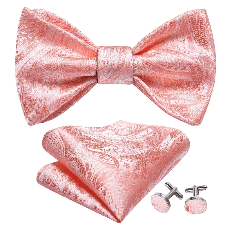 Stylish men's tie for a chic office look-Pink Paisley Self Tie Bow Tie Hanky Cufflinks Set