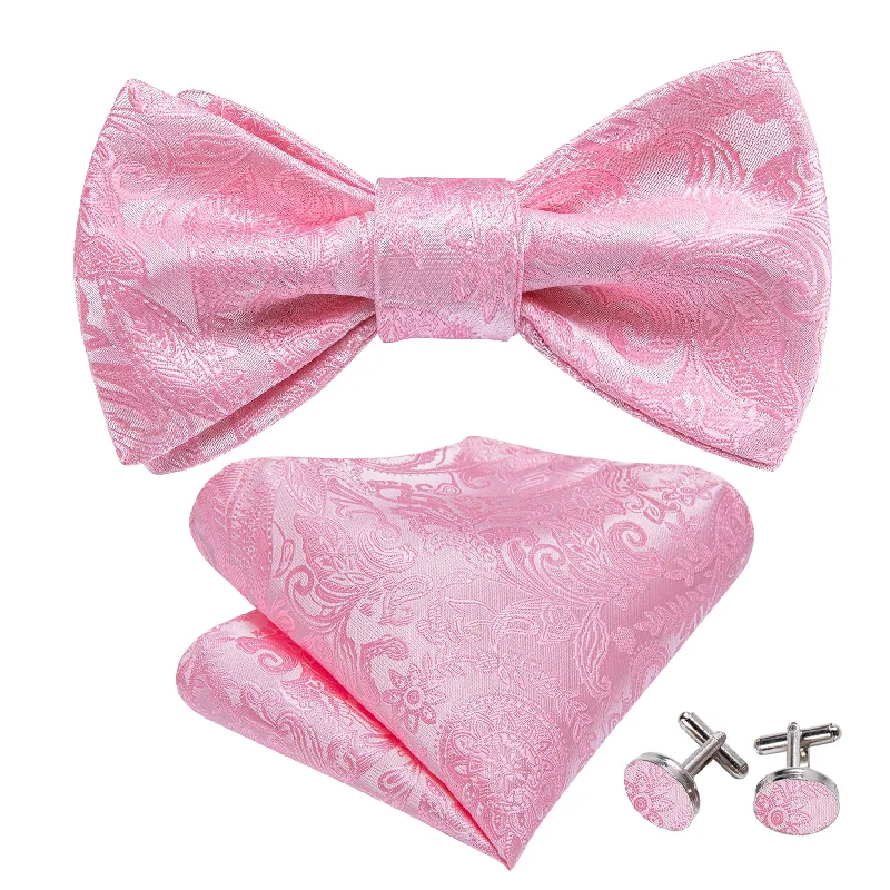 Men's tie for business casual functions-Pink Paisley Self Tie Bow Tie Hanky Cufflinks Set