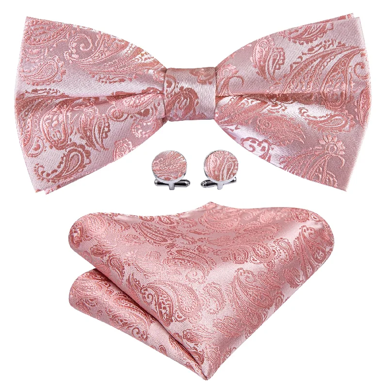 Designer silk tie for fashion-forward events-Pink Paisley Silk Bow Tie Hanky Cufflinks Set