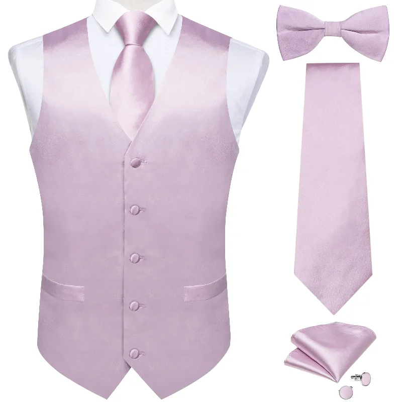 Men's tie with subtle patterns for smart-casual look-Pink Solid Jacquard V Neck Vest Neck Bow Tie Handkerchief Cufflinks Set