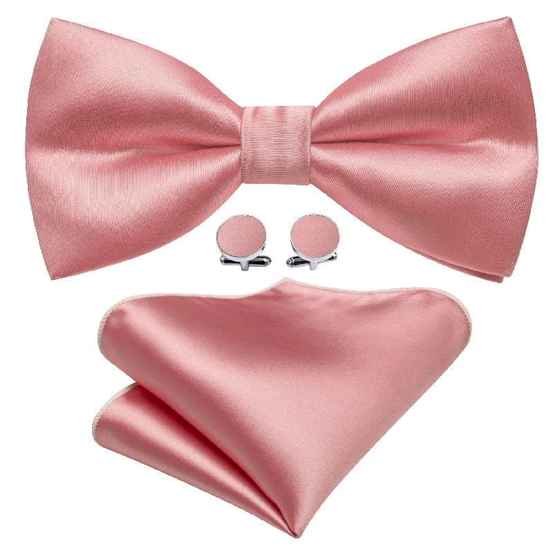 Men's tie with smooth texture for luxury events-Pink Solid Silk Pre Tied Bow Tie Hanky Cufflinks Set