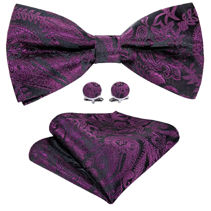 Elegant men's tie with fine texture for business wear-Purple Black Paisley Pre-tied Bow Tie Hanky Cufflinks Set