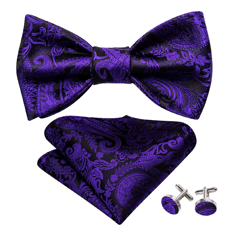 Elegant men's tie with textured finish for parties-Purple Black Paisley Silk Bow Tie Hanky Cufflinks Set