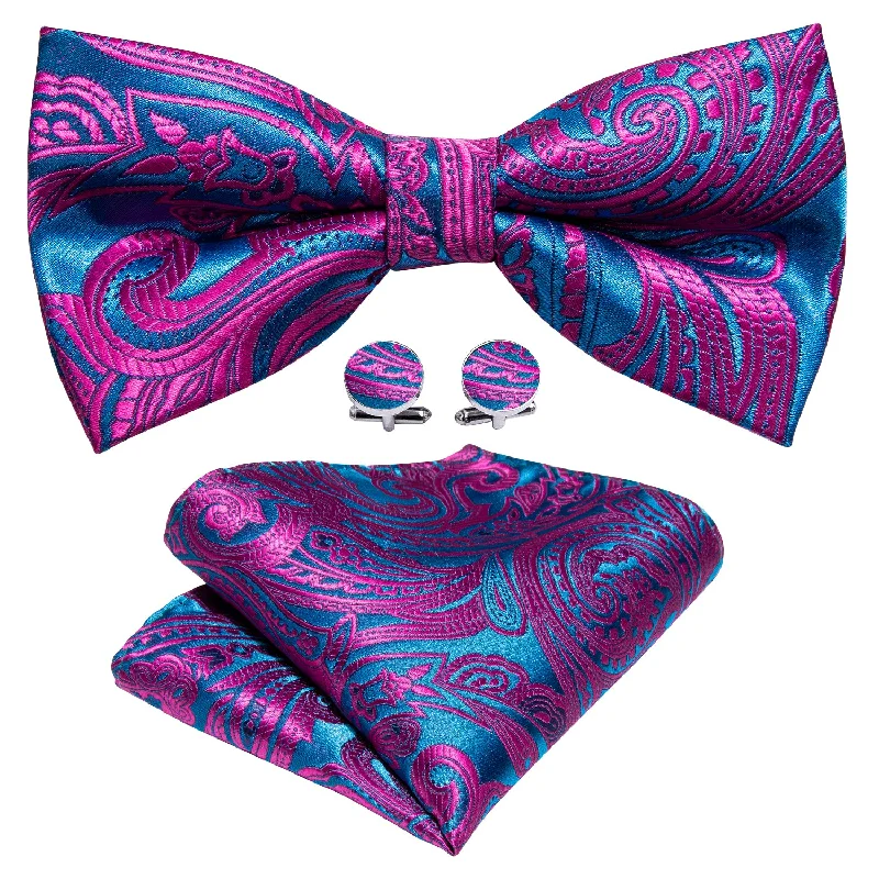 Men's tie with bold stripes for business meetings-Barry Wang Purple RoyalBlue Paisley Pre-tied Bow Tie Hanky Cufflinks Set