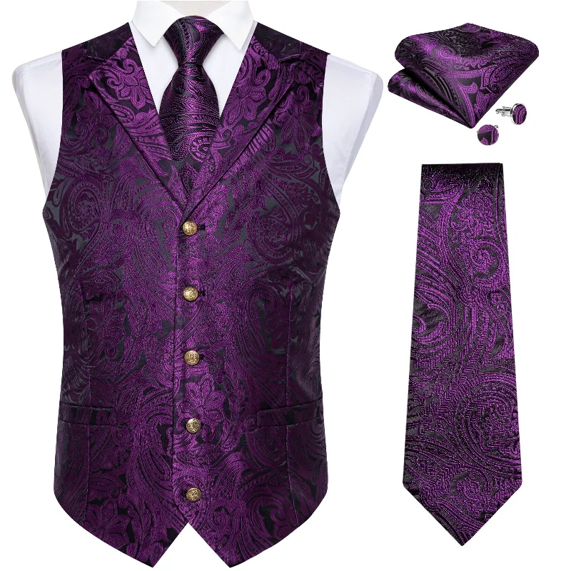 Designer tie for men with modern geometric designs-Purple Floral Jacquard V Neck Waistcoat Vest Tie Handkerchief Cufflinks Set