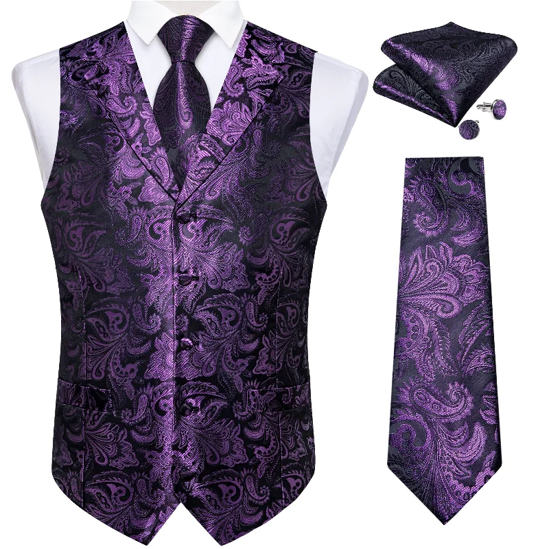 Stylish men's tie with fine houndstooth print for office wear-Purple Floral Jacquard V Neck Waistcoat Vest Tie Handkerchief Cufflinks Set