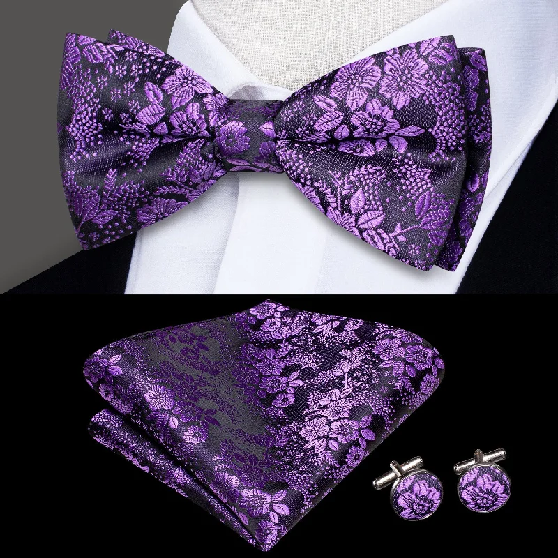 Men's tie with smooth satin finish for luxury occasions-Purple Floral Pre-tied Bow Tie Pocket Square Cufflinks Set