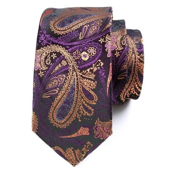 Best men's tie for upscale family celebrations-Classy Men Purple Gold Paisley Silk Tie