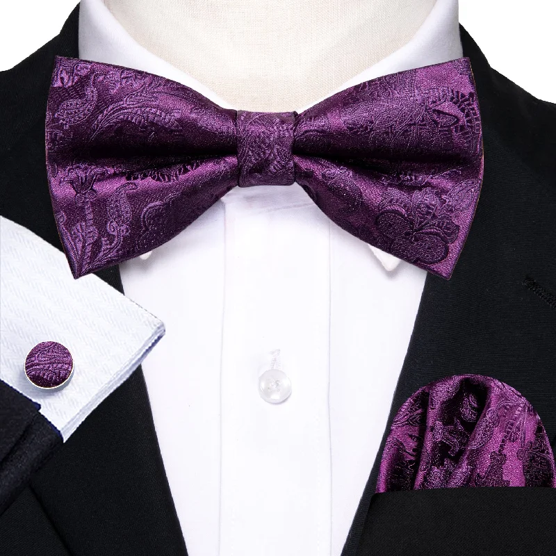 Men's tie for a formal dinner with subtle patterns-Purple Paisley Pre-tied Bow Tie Hanky Cufflinks Set