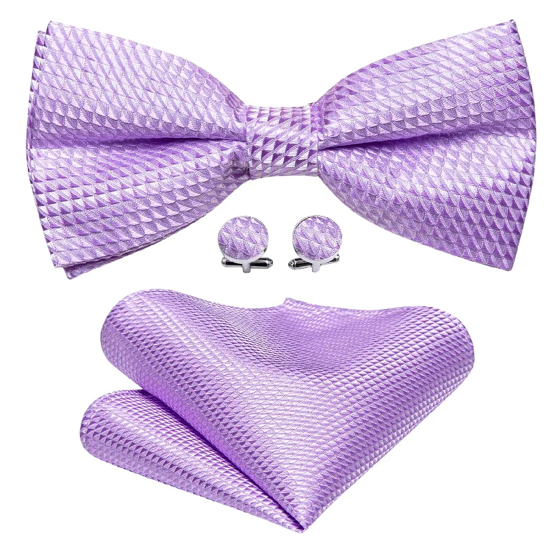 Men's tie with stylish polka dots for casual wear-Purple Plaid Pre-tied Bow Tie Hanky Cufflinks Set