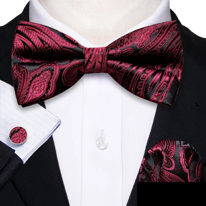 Best silk tie for formal business dinners-Red Black Paisley Pre-tied Bow Tie Hanky Cufflinks Set