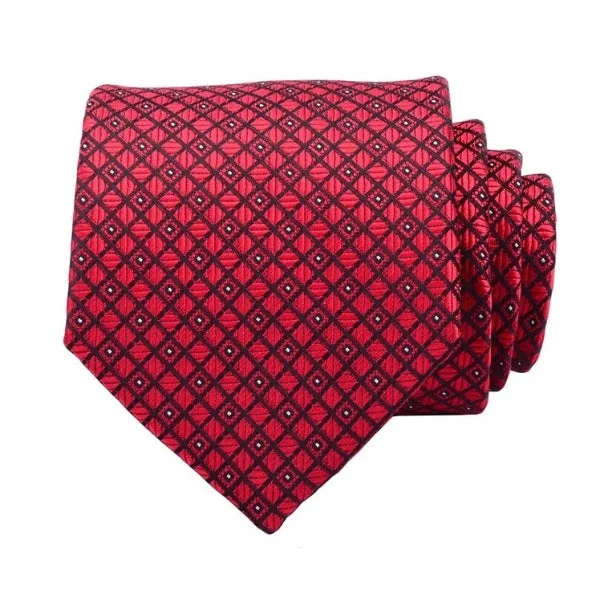 Men's tie with a modern checkered pattern for office-Classy Men Red Checkered Silk Necktie