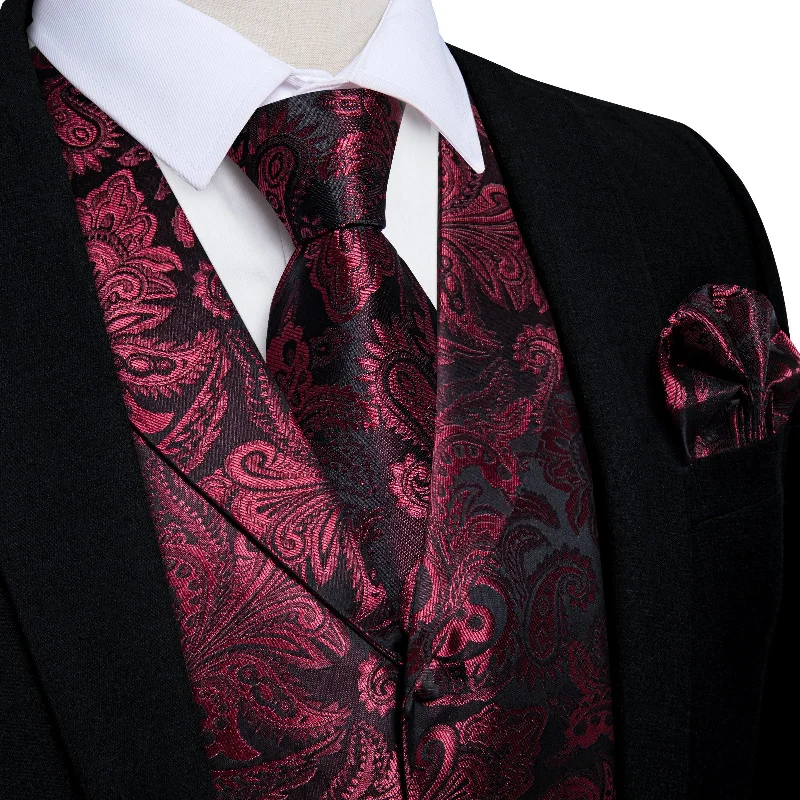 Men's tie with smooth fabric for corporate meetings-Red Floral Jacquard V Neck Waistcoat Vest Tie Handkerchief Cufflinks Set