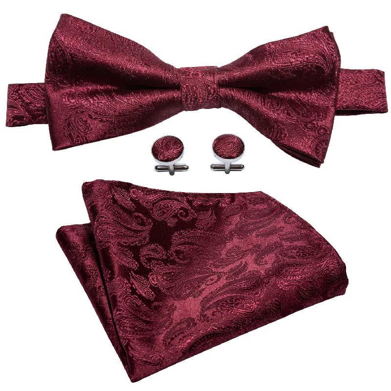 Men's tie for upscale events with luxurious finish-Red Floral Pre-tied Bow Tie Hanky Cufflinks Set