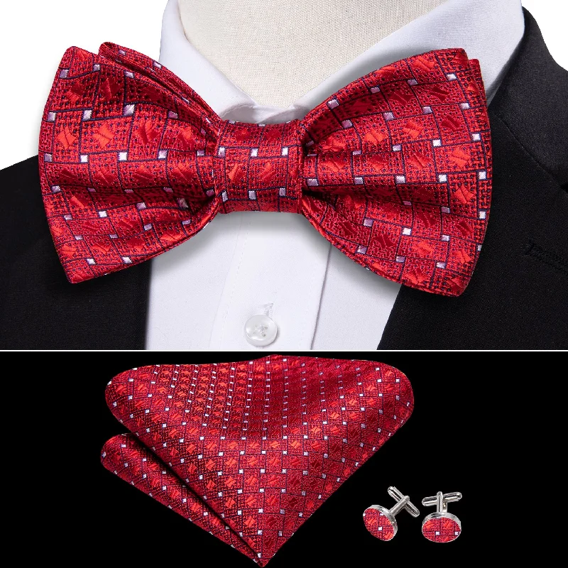 Best men's tie for upscale dinner parties-Red White Plaid Self Tie Bow Tie Hanky Cufflinks Set