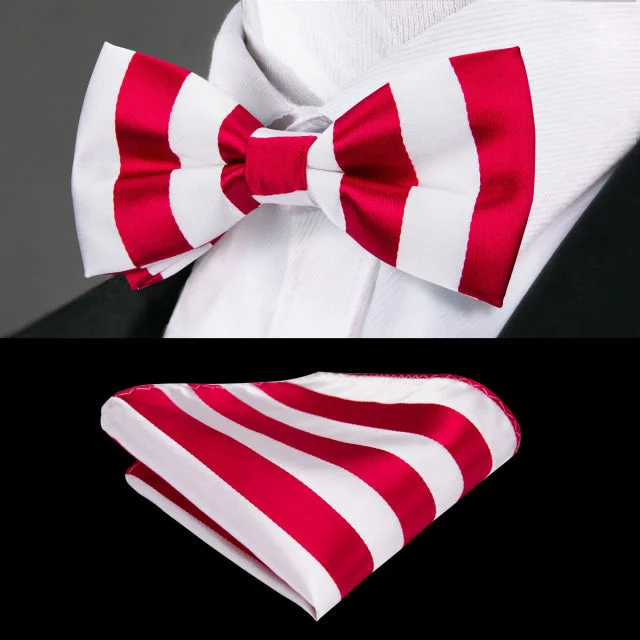 Stylish men's tie for fashion-forward meetings-Red White Striped Pre-tied Bow Tie Pocket Square Cufflinks Set