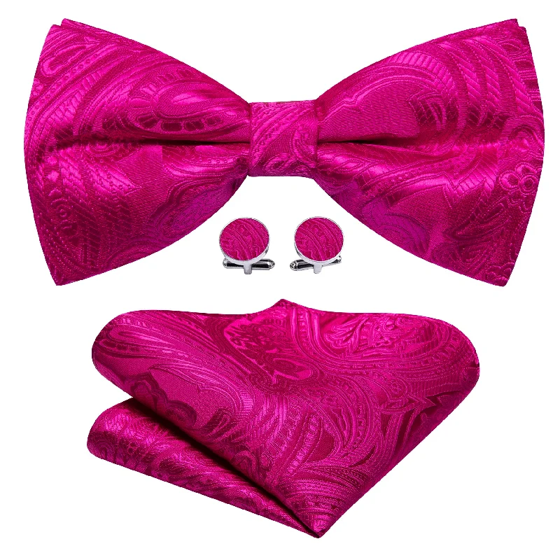 Stylish men's tie for professional gatherings-Barry Wang Mens Rose Red Paisley Pre Tied Bow Tie Hanky Cufflinks Set