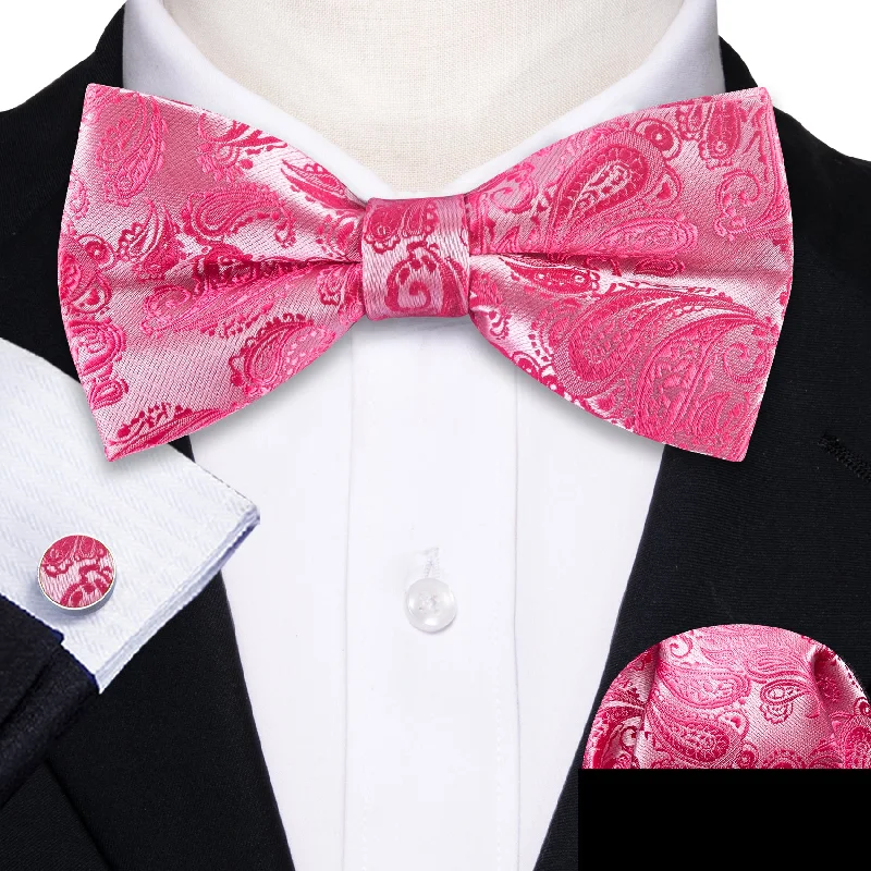 Men's tie for a professional look with sharp lines-Barry Wang Mens Rose Red Pink Paisley Silk Bow Tie Hanky Cufflinks Set