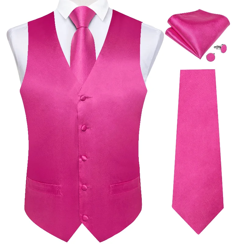 Elegant men's tie with fine texture for business wear-Rose Pink Solid Satin Waistcoat Vest Tie Handkerchief Cufflinks Set