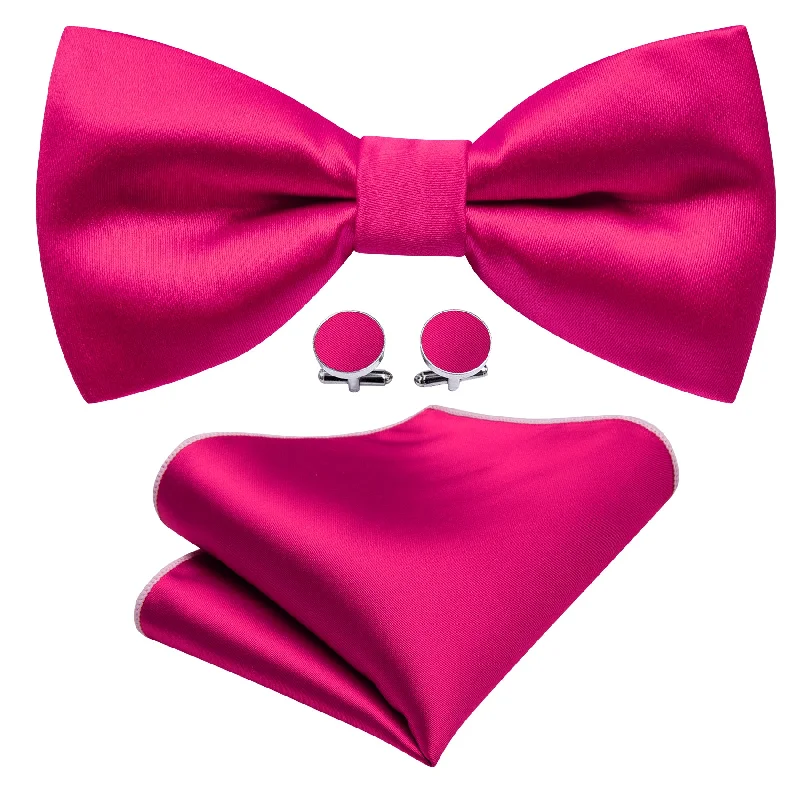 Men's tie with a sophisticated texture for high-end meetings-Rose Red Solid Silk Pre Tied Bow Tie Hanky Cufflinks Set