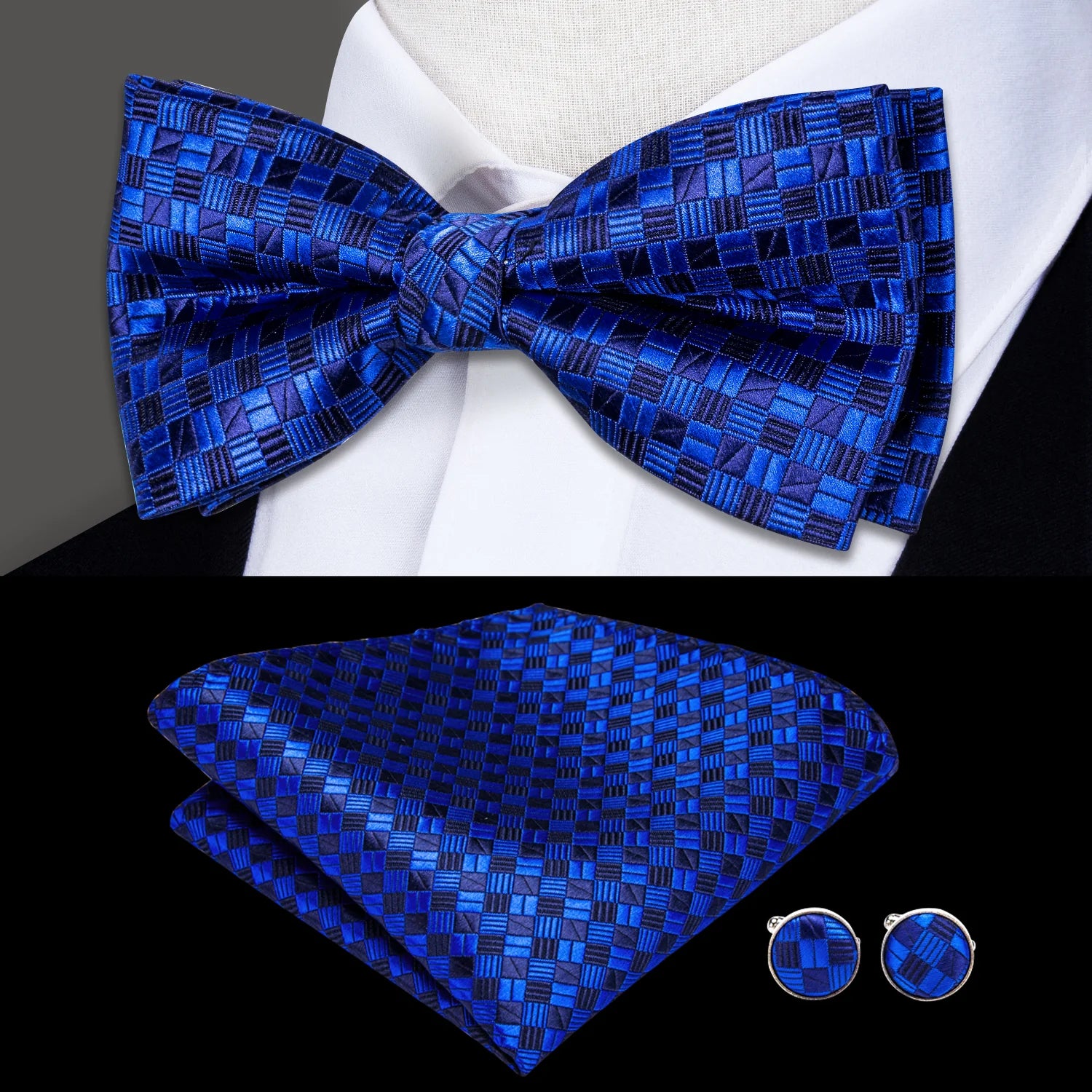 Men's tie for holiday dinners with bold color contrasts-Royal Blue Plaid Pre-tied Bow Tie Pocket Square Cufflinks Set